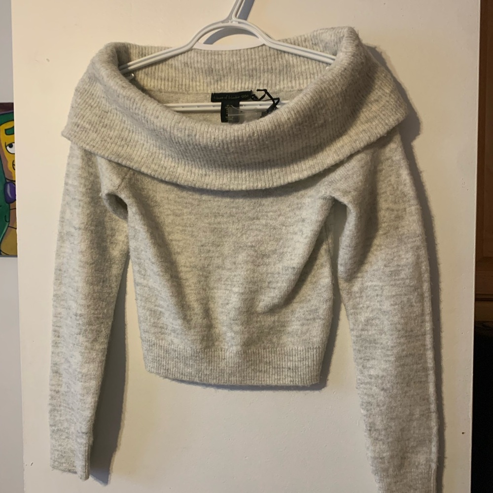 House of Harlow 1960 Gray Off-the-Shoulder Sweater 100% cashmere